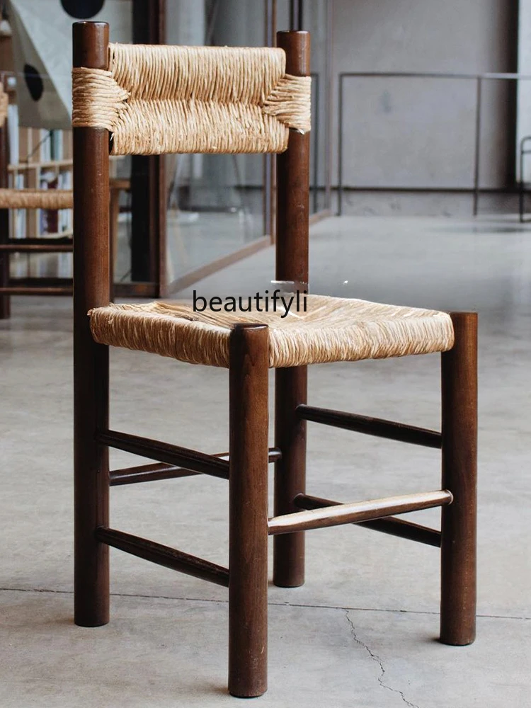 

Mid-Ancient Rattan Chair French Solid Wood Dining Chair Home Armchair Silent Rattan Chair