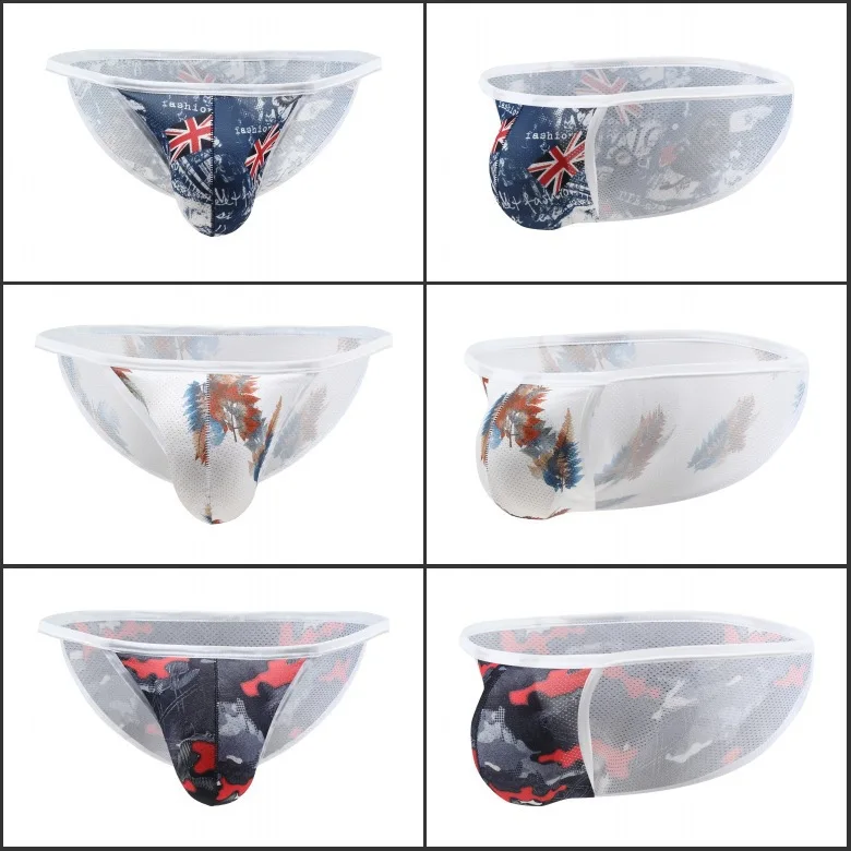 Men Low Rise High Cut Briefs Cartoon Printed Mesh Breathable U Convex Pouch Sexy Trendy Male Underwear
