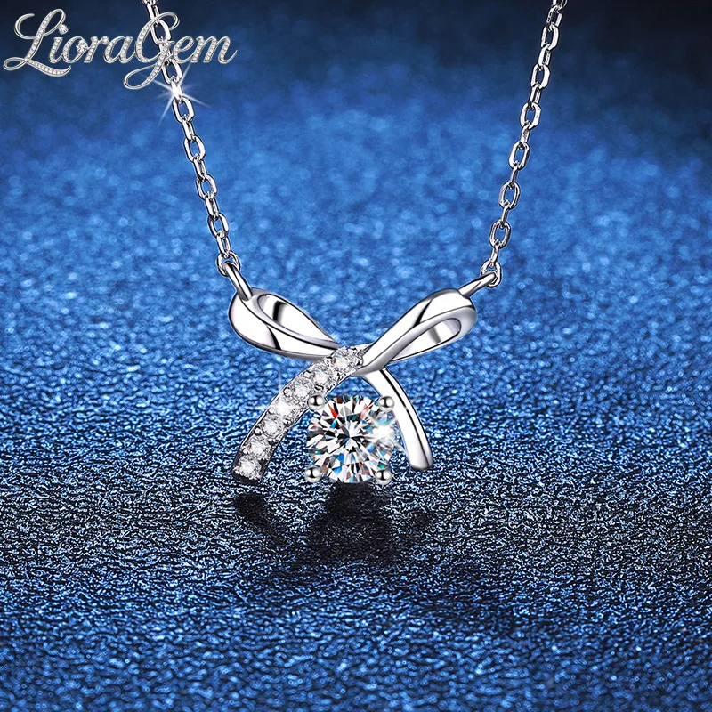 LioraGem Platinum PT950 Women's Luxury Diamond-Encrusted Bow Pendant Necklace, Exquisite 50-Point Moissanite Collar Necklace