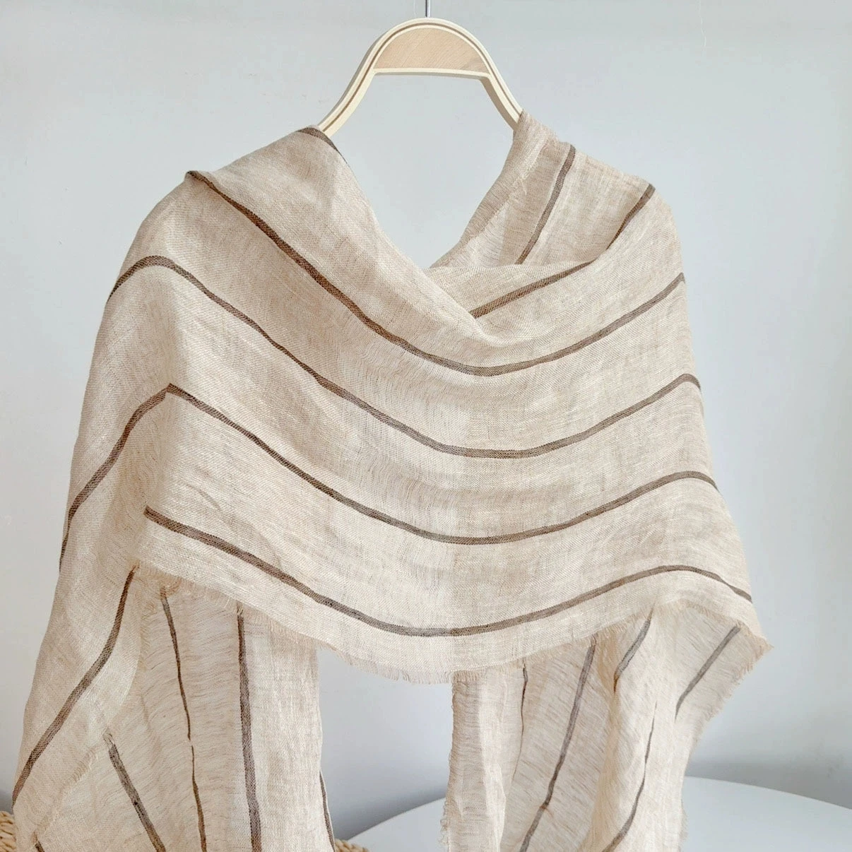 

2026 New Japanese-style Natural Linen Striped Scarf Cream & Coffee Thin All-season Versatile Shawls Scarves