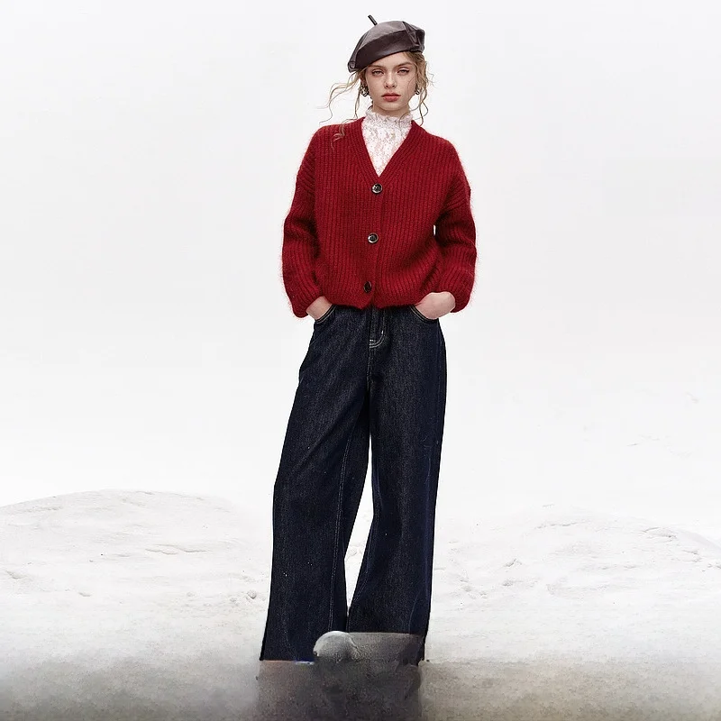 

Красный вязаный открытый кардиган с V-образным вырезом, женский свободный свитер, джет, ранняя осень, новинка Sle Ele, повседневный Faion Elf Sa