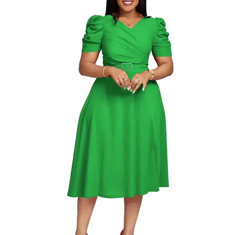 Women Pleated A Line Dresses V Neck Short Sleeves Classy Elegant Office Modest African Female Church Dress Spring Fashion 2024