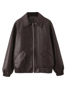 Ailegogo, nueva chaqueta holgada Vintage de piel sintética para mujer, ropa de calle para mujer, abrigo con cremallera para primavera y otoño, prendas de vestir