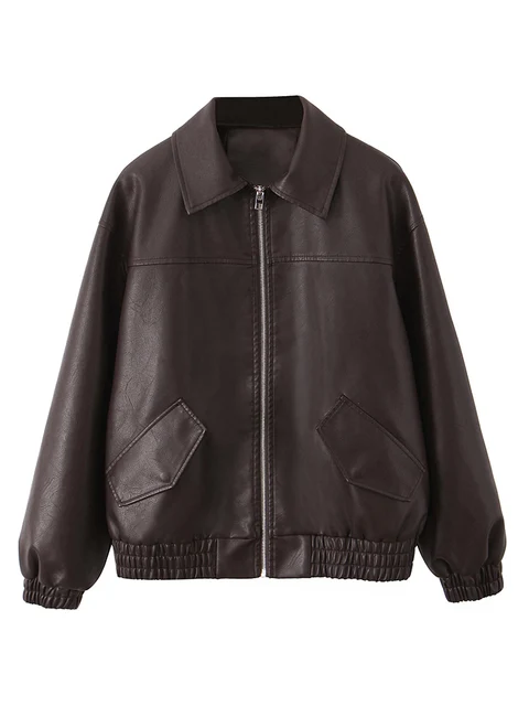 Ailegogo New Women Vintage luźna kurtka ze sztucznej skóry Streetwear damska wiosna jesień damski płaszcz z zamkiem błyskawicznym znosić