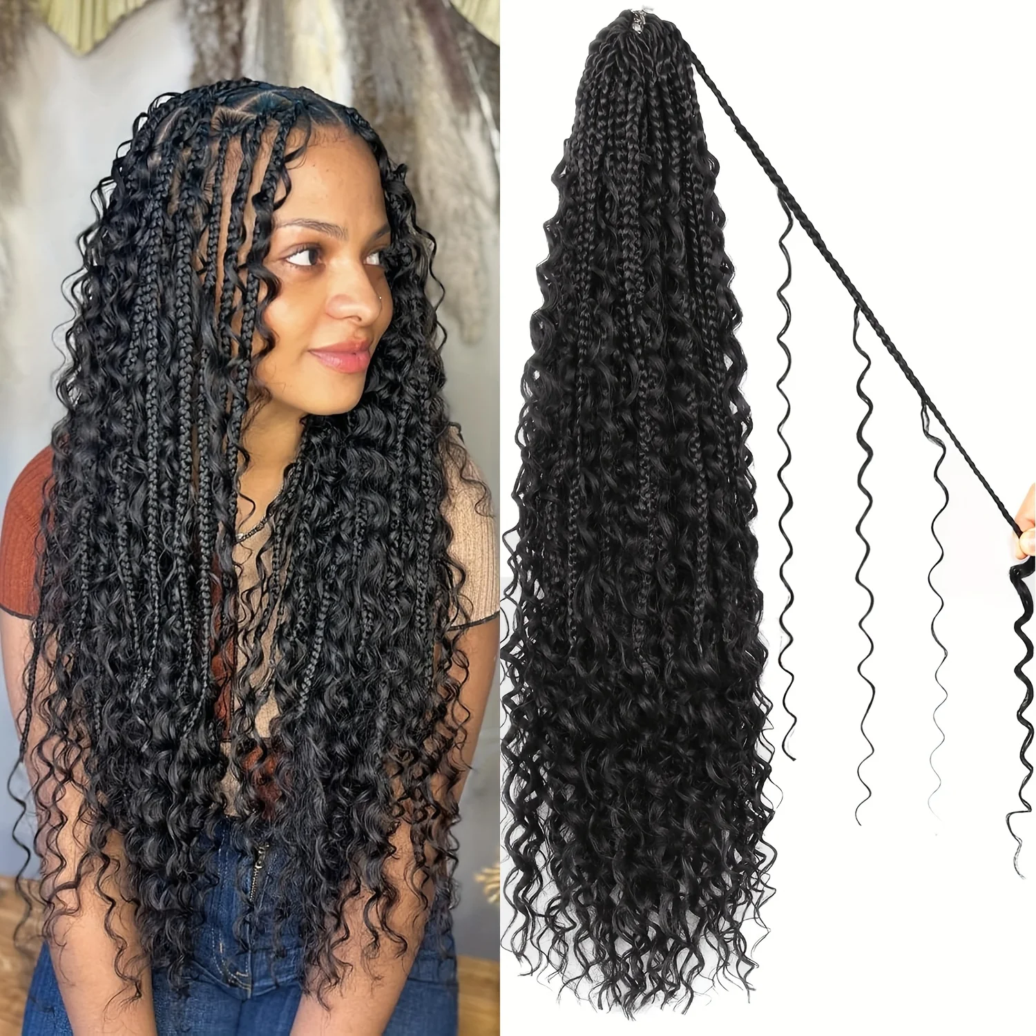 ضفائر شعر كروشيه صناعية على شكل صندوق آلهة مع أطراف مجعدة، وصلات شعر كروشيه بوهيمية ملفوفة مسبقًا للنساء