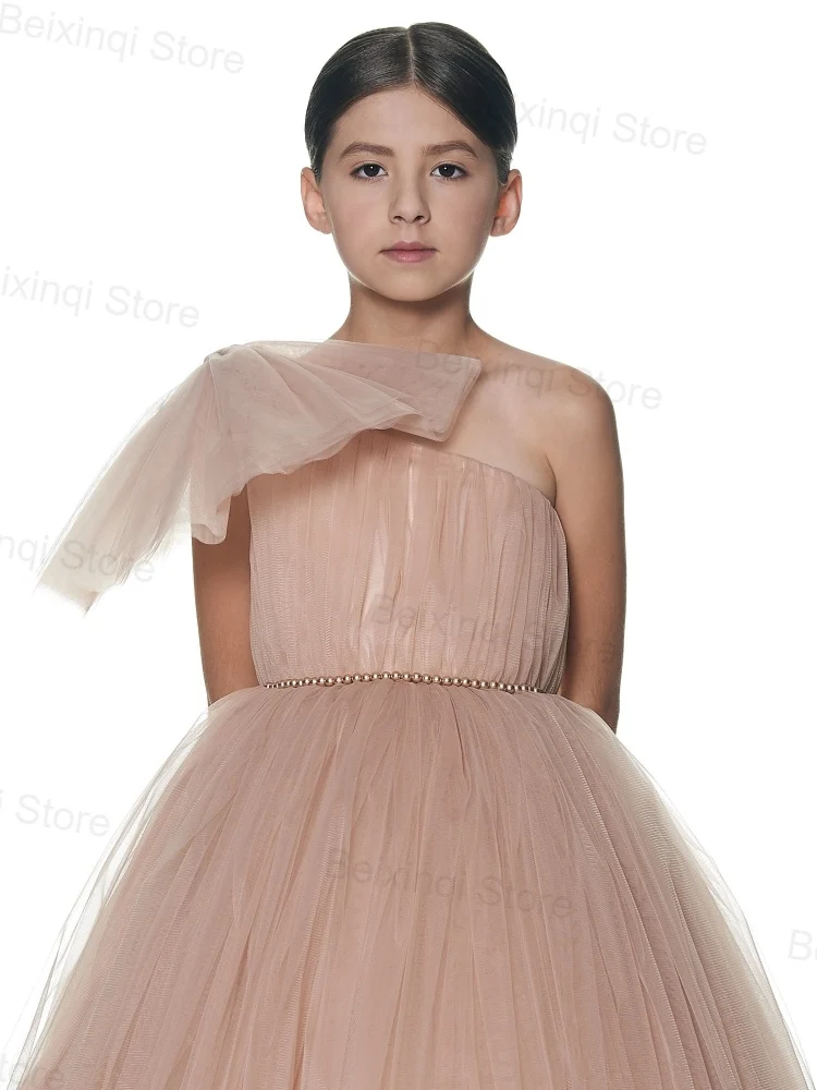 Abiti per ragazze eleganti da festa Tinta unita Spalla singola Fiocco in tulle Offerta speciale Abiti da ballo eleganti per feste da sera per bambini