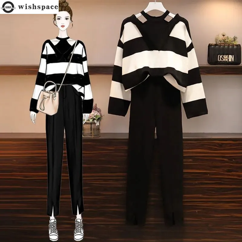 Spring and Autumn Set Women's 2023 New Korean Stripe Knitted Sweater Slim Leisure Pants Elegant Women's Two Piece Set