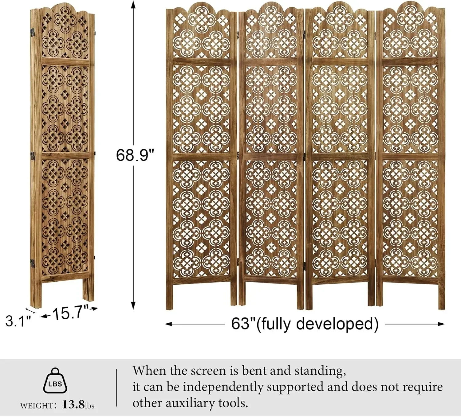 68.9Inch Folding Room Divider, 4 Panels Wood Carved Privacy Screens - Ideal Decorative Partition for Home, Office, Restaurant, B