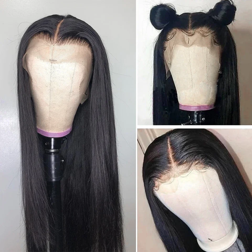 Peluca lisa y sedosa con malla frontal para mujer, pelo de bebé sin pegamento, resistente al calor, color negro Natural, 26 pulgadas, densidad 180, predesplumada diaria