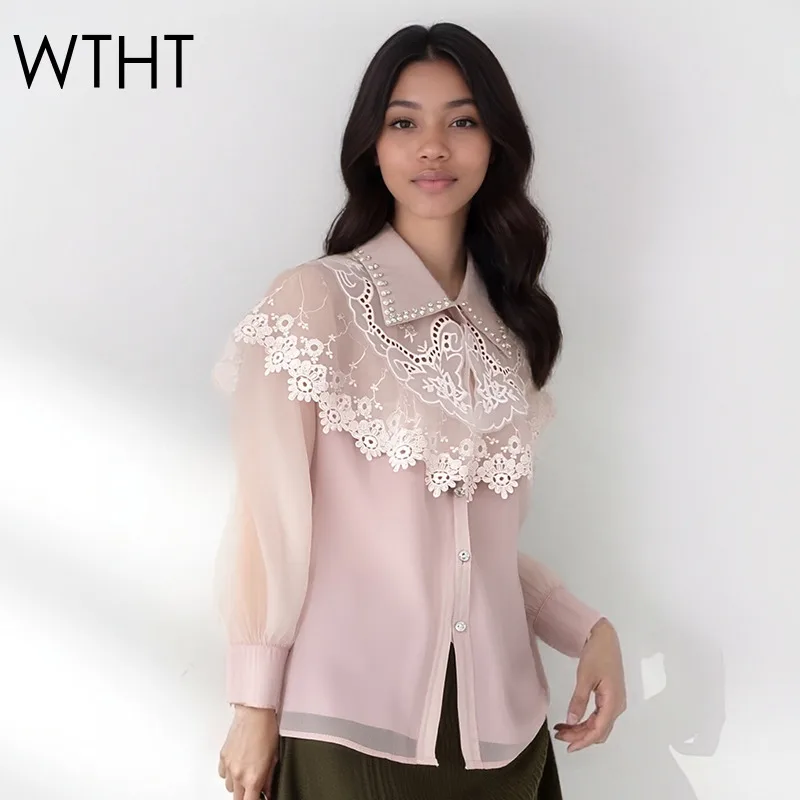 

WTHT 2026, весенняя модная женская кружевная рубашка для тяжелой промышленности, расшитая бисером, модная женская блузка с длинными рукавами и лацканами 1LS2831