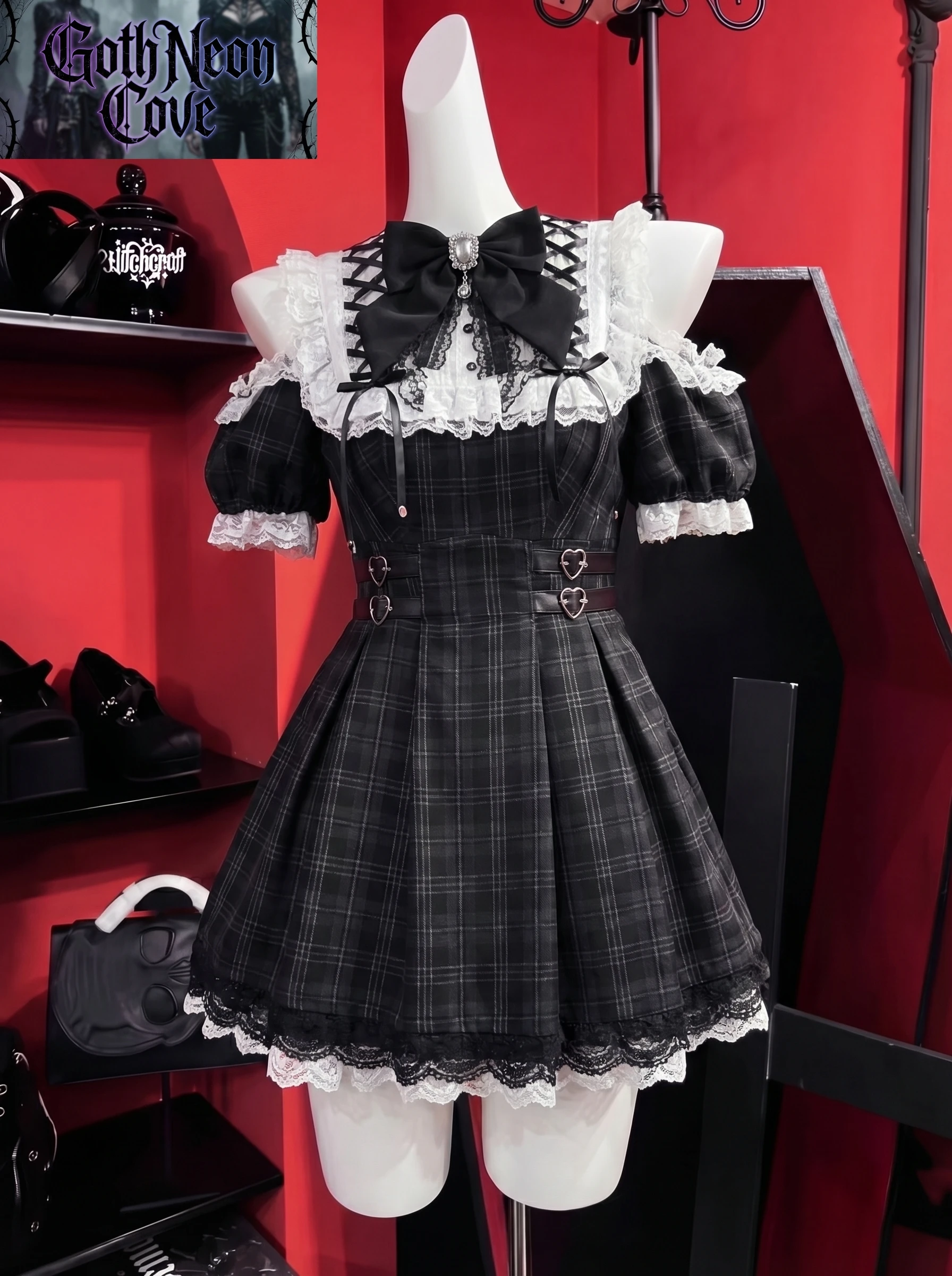 Vestido de verano estilo académico gótico japonés oscuro para mujer, con lazo, encaje, hombros descubiertos, a cuadros, estilo Y2K Harajuku Jirai Kei, Yami Kawaii