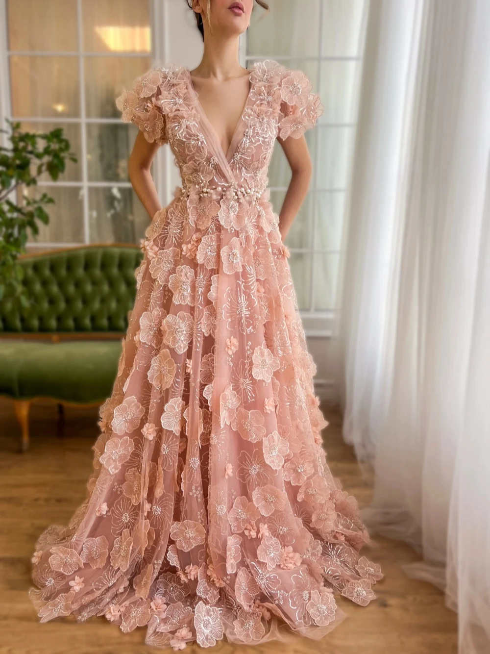 وردة وردي دانتيل 3D زهور الخامس الرقبة فستان حفلة موسيقية اللؤلؤ فساتين السهرة الكوكتيل على شكل حرف A-line المناسبات الرسمية تخصيص النساء حزب ثوب