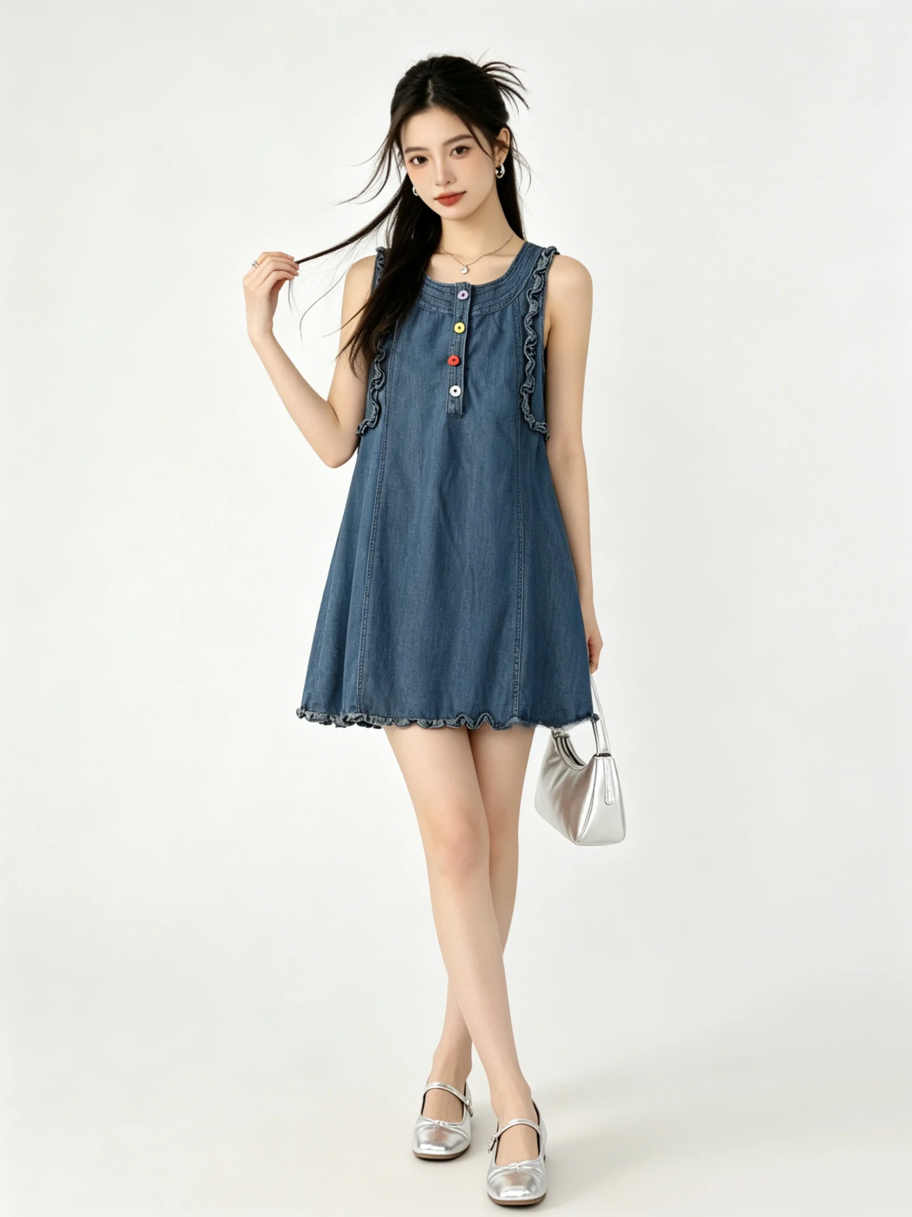 

Korean Style Summer Loose American Retro Denim Vest Dress Women's Slimming A-Line Skirt Casual round Neck No Sleeve Dress