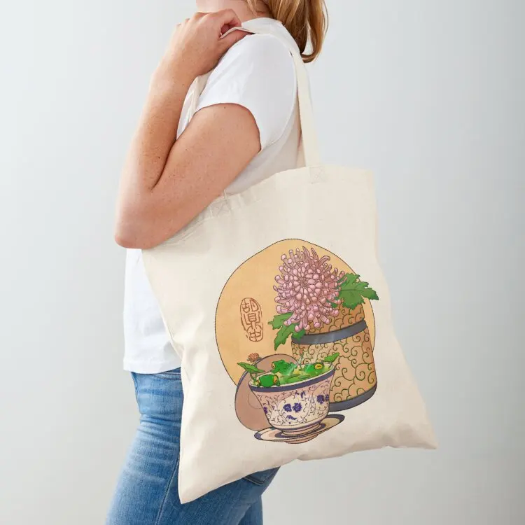 

tea cup chrysanthemum flower frog yellow bg Tote Bag Custom bag bag luxury women foldable reusable tote bags men