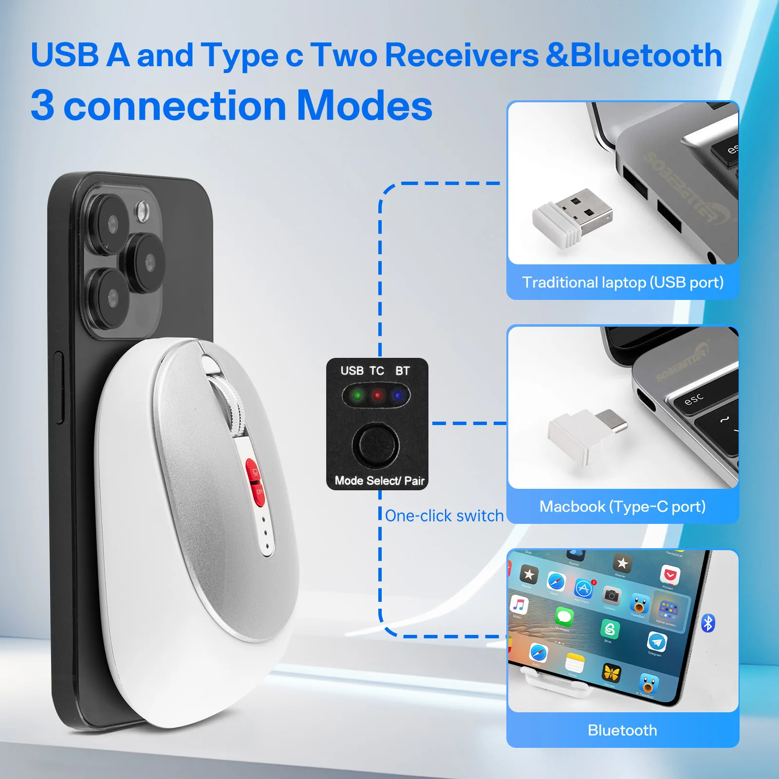 ماوس لاسلكي ثلاثي الوضع قابل لإعادة الشحن، عرض طاقة صامت 1600 ديسيبل متوحد الخواص، مفتاح واحد، العودة إلى الفئران المكتبية لأجهزة الكمبيوتر المحمول والهاتف والكمبيوتر اللوحي #2