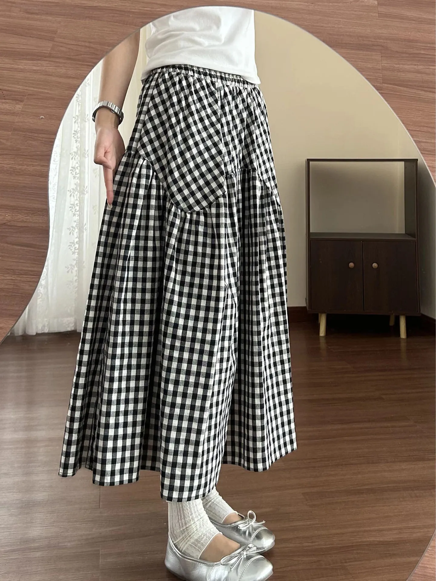 plus Size Plaid A-Line Skirt High Waist Fullness Korean College Style for Pear Shaped Women Autumn Seasonal 300 Pounds Capacity