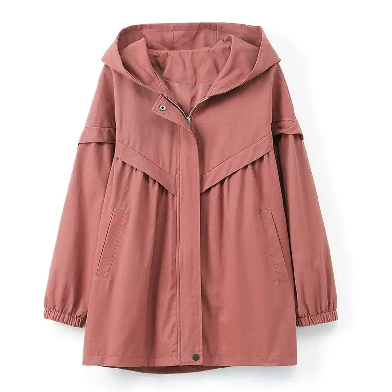 Spring Autumn 2024 New Ladies Windbreaker Hooded Jacket Casual Joker Loose Hooded Long Jacket Comfortable Zipper Temperament Coa