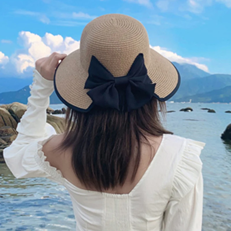 Large Brim Bow Straw Visors for Women Summer Sun Protection UV Bowknot Beach Hat Korean Temperament Vacation Foldable Bucket Hat