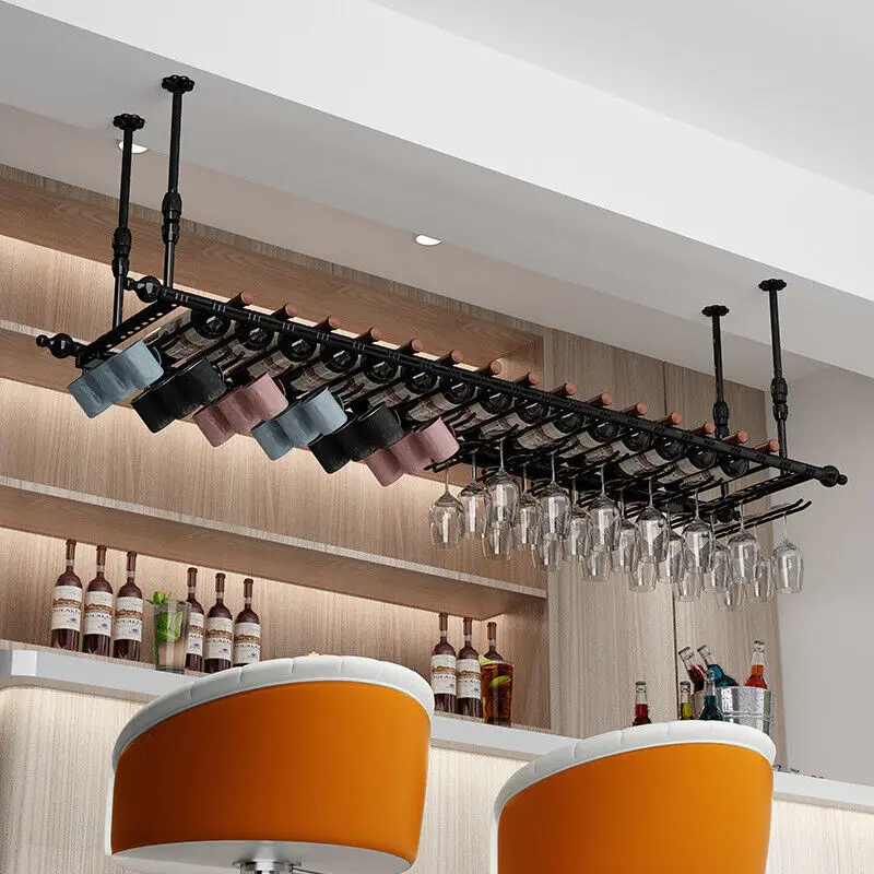 Wine Bottle Rack Ceiling iMounted with Cup Holder, Adjustable Hanging Bar Wine