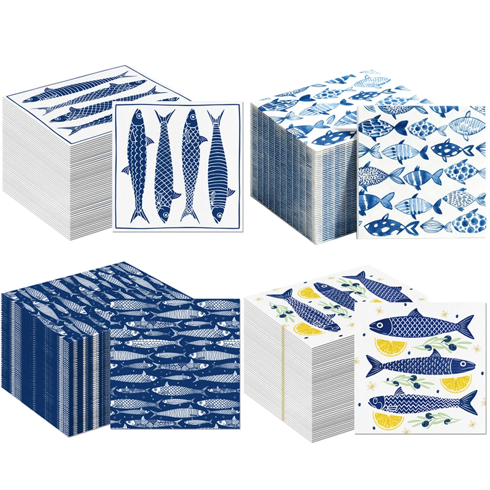 20/200Pcs Blue Fish Disposable Paper Napkins Mediterranean Style Sea ...