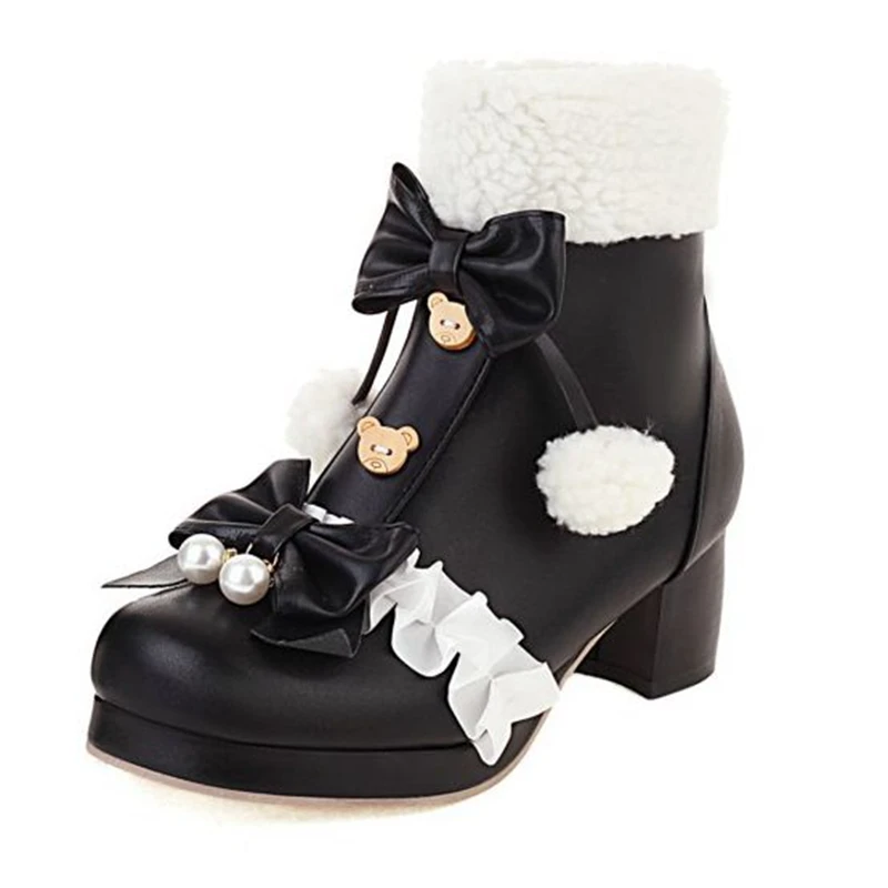 REAVE CAT Lolita Girl's Ankle Boots Square Toe Chunky Heels Zipper Ribbons Charm Large Size 33-47 Black Pink Beige Winter S2707