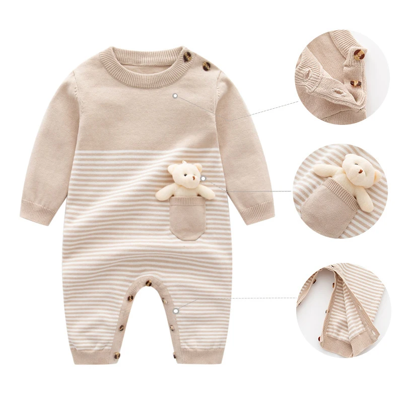 

Осенне-зимние детские комбинезоны для маленьких мальчиков, 100% хлопок, вязаные комбинезоны с аппликацией в виде медведя для новорожденных мальчиков, новое зимнее полосатое боди для маленьких мальчиков