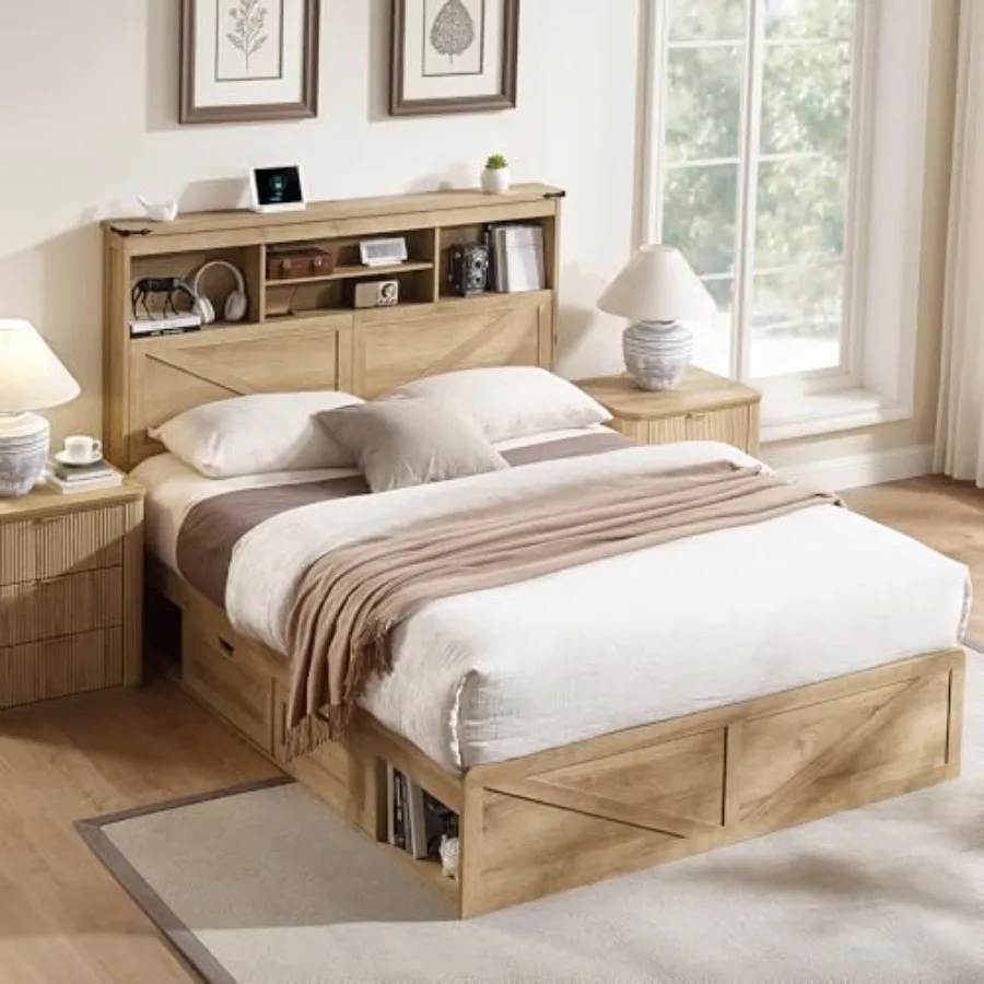 Farmhouse Size Bed Frame with 52" Storage Bookcase Headboard and 4 Drawers, Wood Bed Frame with LED Light and Charging Station