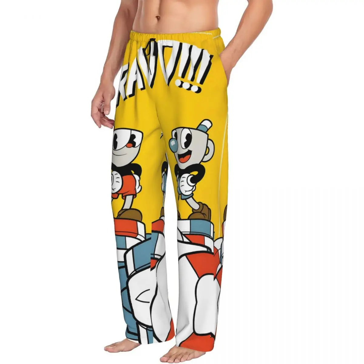 Custom Printed Men Cuphead And Mugman Pajama Pants Anime Game Sleepwear Sleep Lounge Bottoms with Pockets