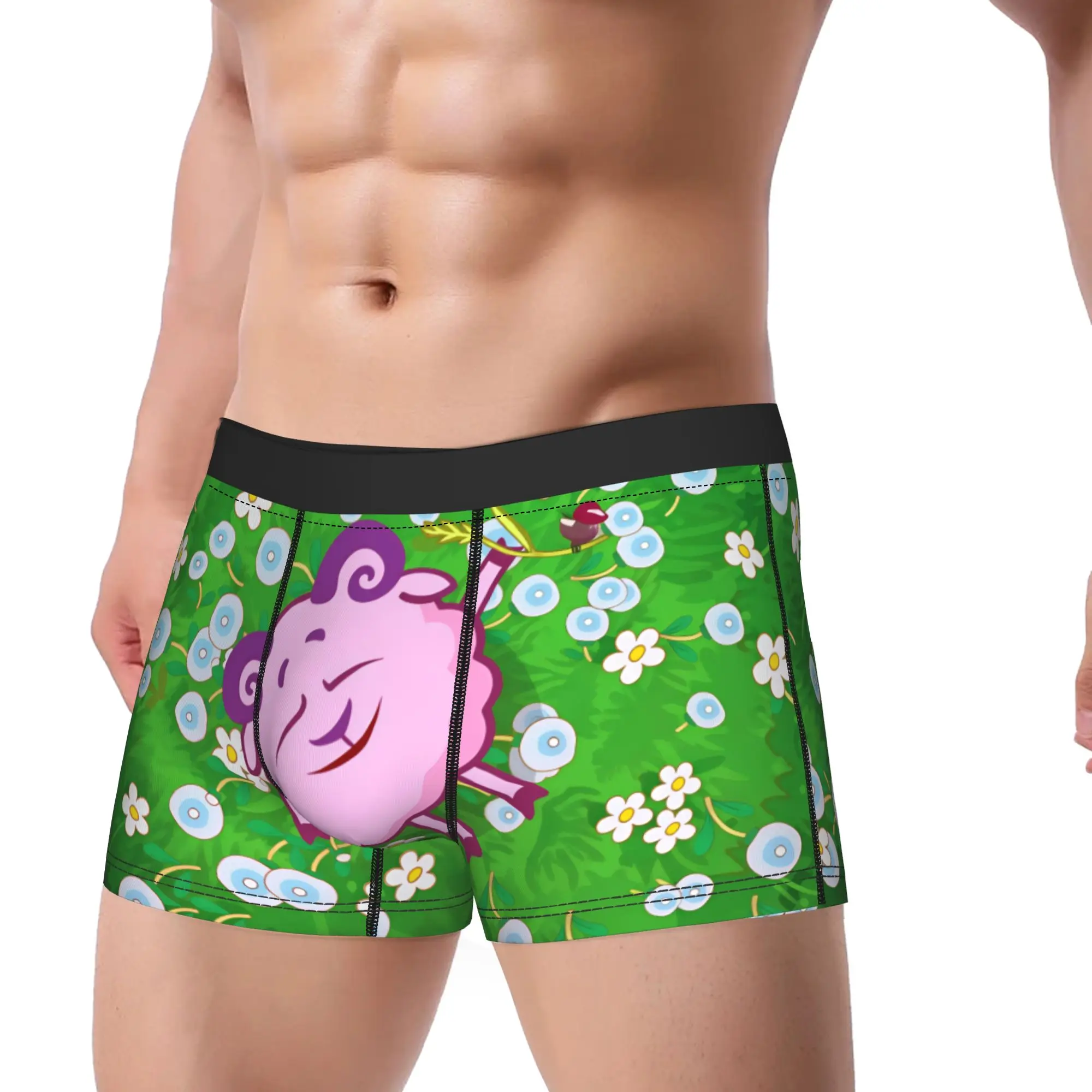 Kikoriki Sheep Character Lying In Flowers Underwear  Men's Shorts Briefs Soft Trend Trunk Hot Sale Print Large Size Panties