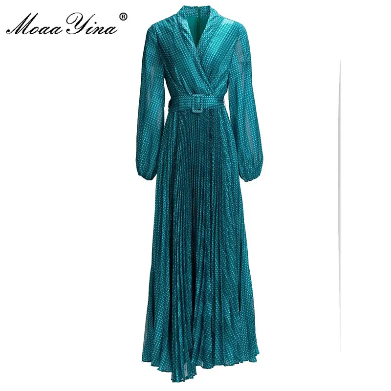 

MoaaYina Fashion Designer dress Autumn Women Dress V Neck Lantern sleeve Sashes Printed Turquoise Holiday Elegant Dresses