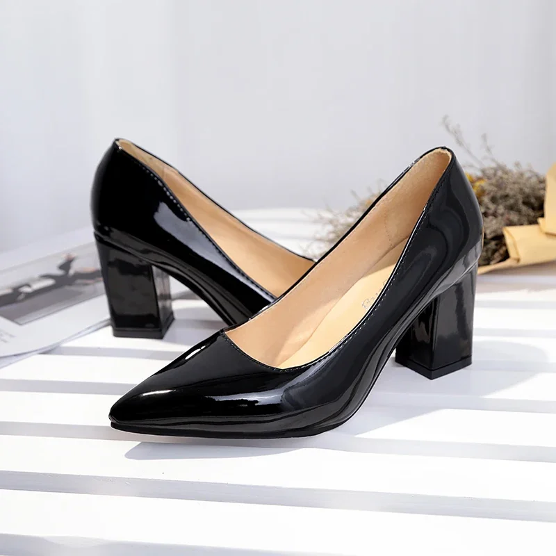 luxury Women Red Pumps Black 7.5cm High Heels Lady Patent Leather Shallow Thick Heel Autumn Pointed Shoes Slip-On Female Shoes