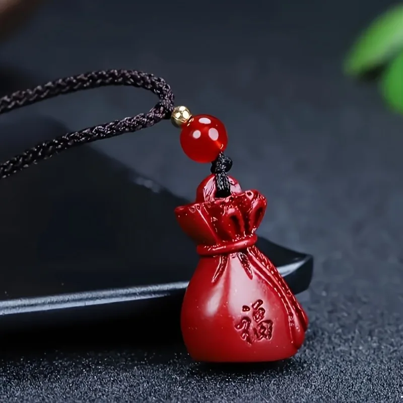 

New Raw Cinnabar Money Bag Pendant, Unisex Necklace Jewelry