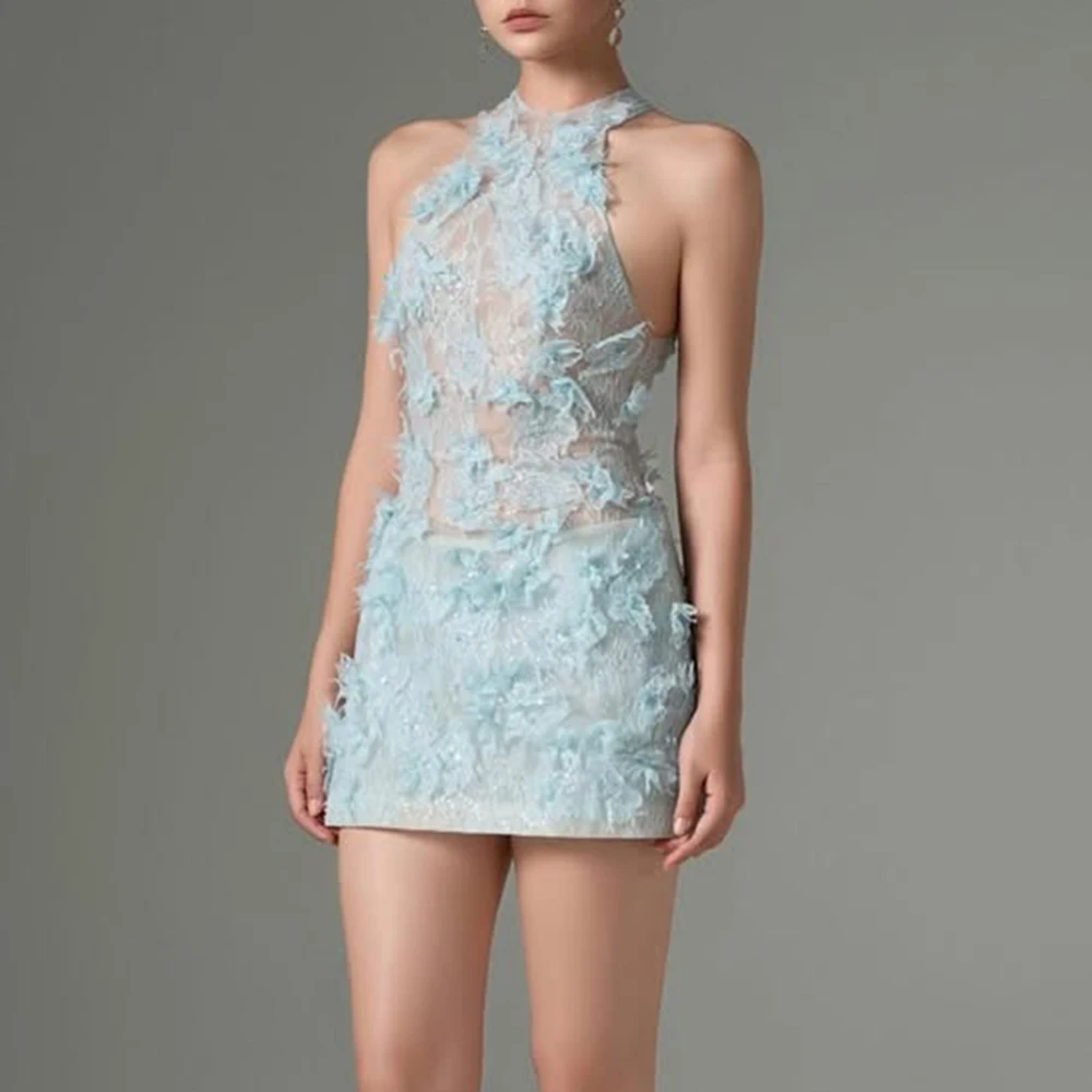 TWOTWINSTYLE, vestidos elegantes transparentes empalmados lisos para mujer, cuello redondo, sin mangas, apliques de retazos, Mini vestido, ropa femenina