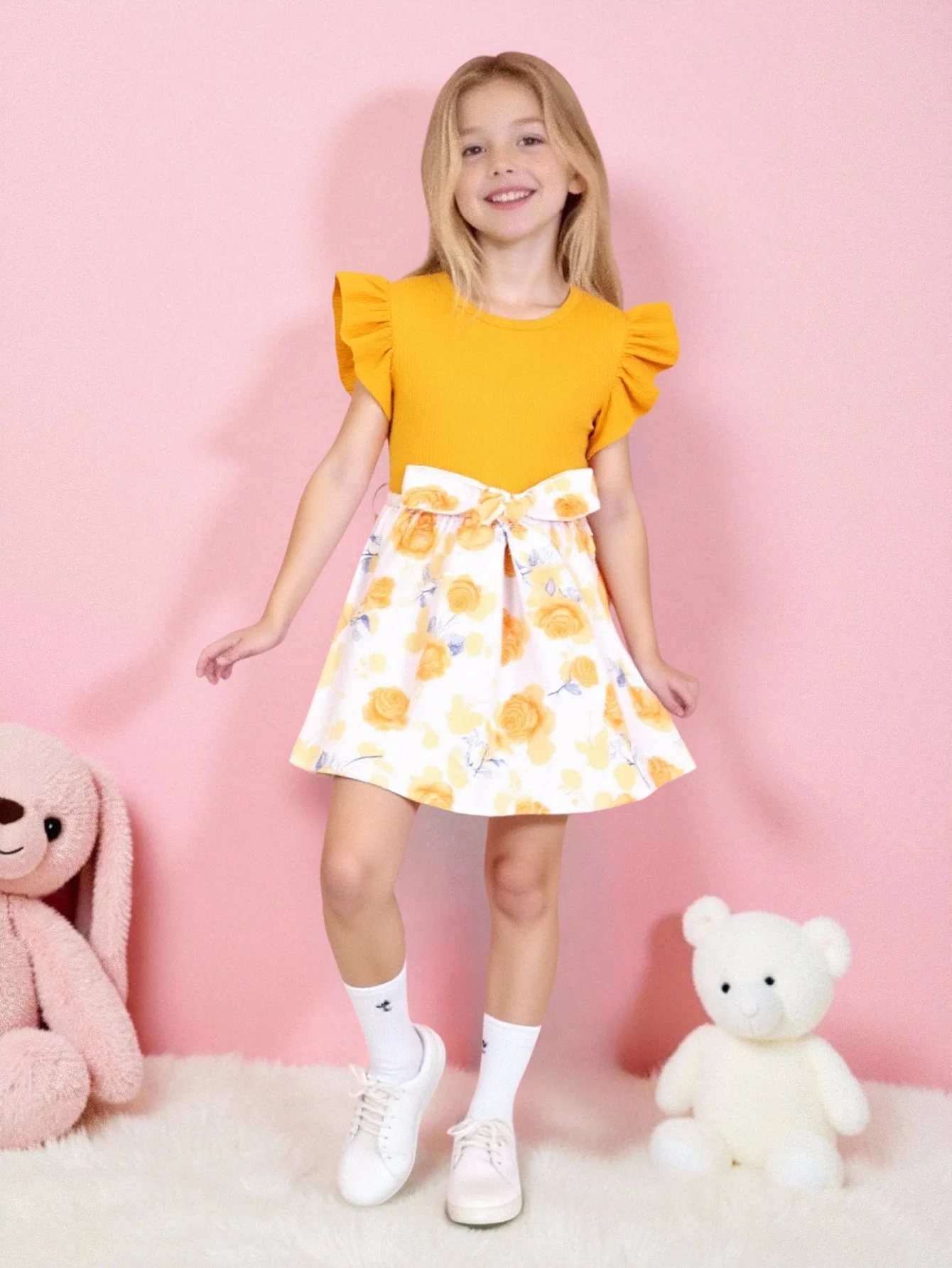 Girl's Floral Print Knitted Skirt Casual Sweet Cute Waist Cinched Knee High Round Neck Dress Summer Fashion Children's Clothing