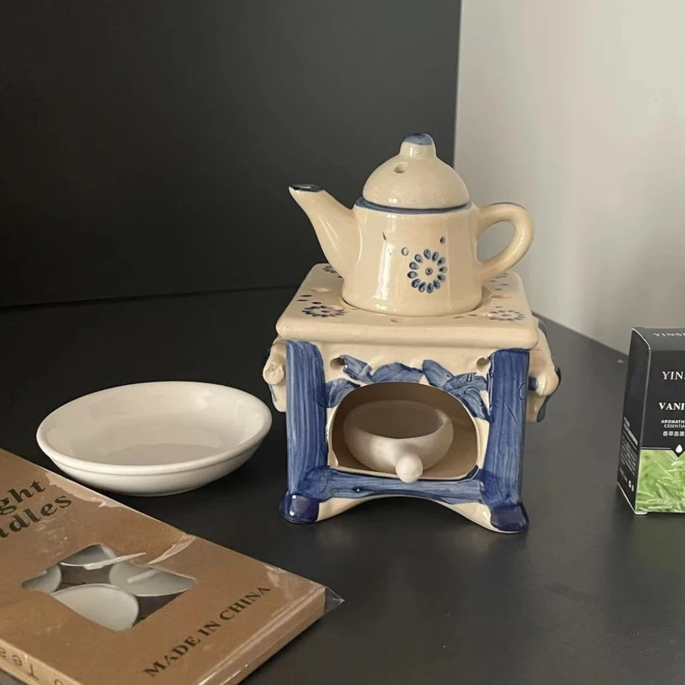 

3-in-1 Ceramic Essential Oil Burner & Tea Warmer Set with Candle Holder Tray – Artistic Ceramic Home Decor