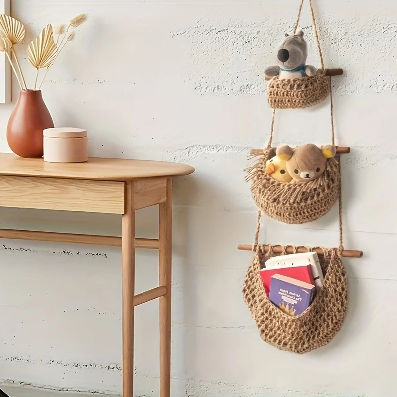 3-Tier Hanging Fruit Basket - Handwoven Jute Wall Organizer For Kitchen, Living Room & Bathroom Storage Hanging Fruit Basket