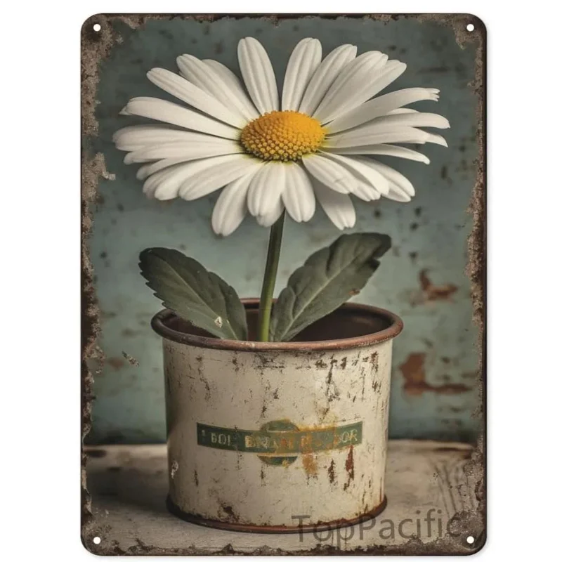 Vintage tin sign flowers white daisy with dew drop metal sign retro wall decor for Home Cafe office store pubs club