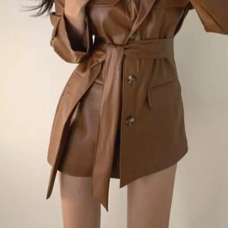 Korean Version of Chic Niche Versatile Waist Mid-length Handsome Motorcycle Leather Jacket Women' Autumn Winter Long-sleeved Top