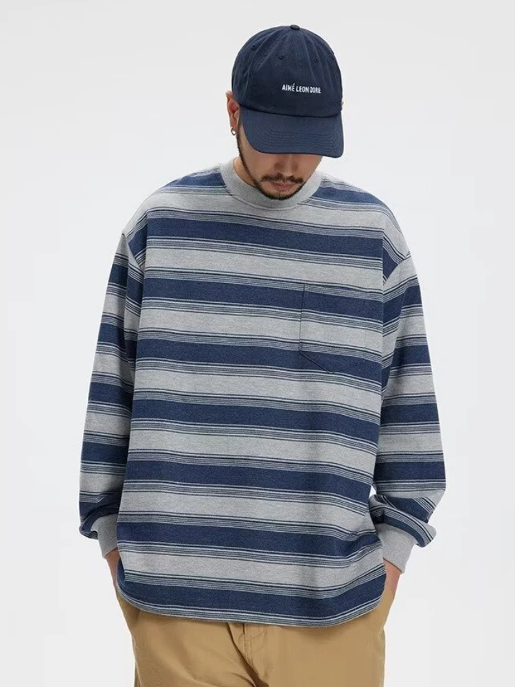 Japanese Long-sleeved T-shirt Men Women Colour-blocked Striped Loose Sweatshirt Street Pocket-embellished Pullover Tops Unisex