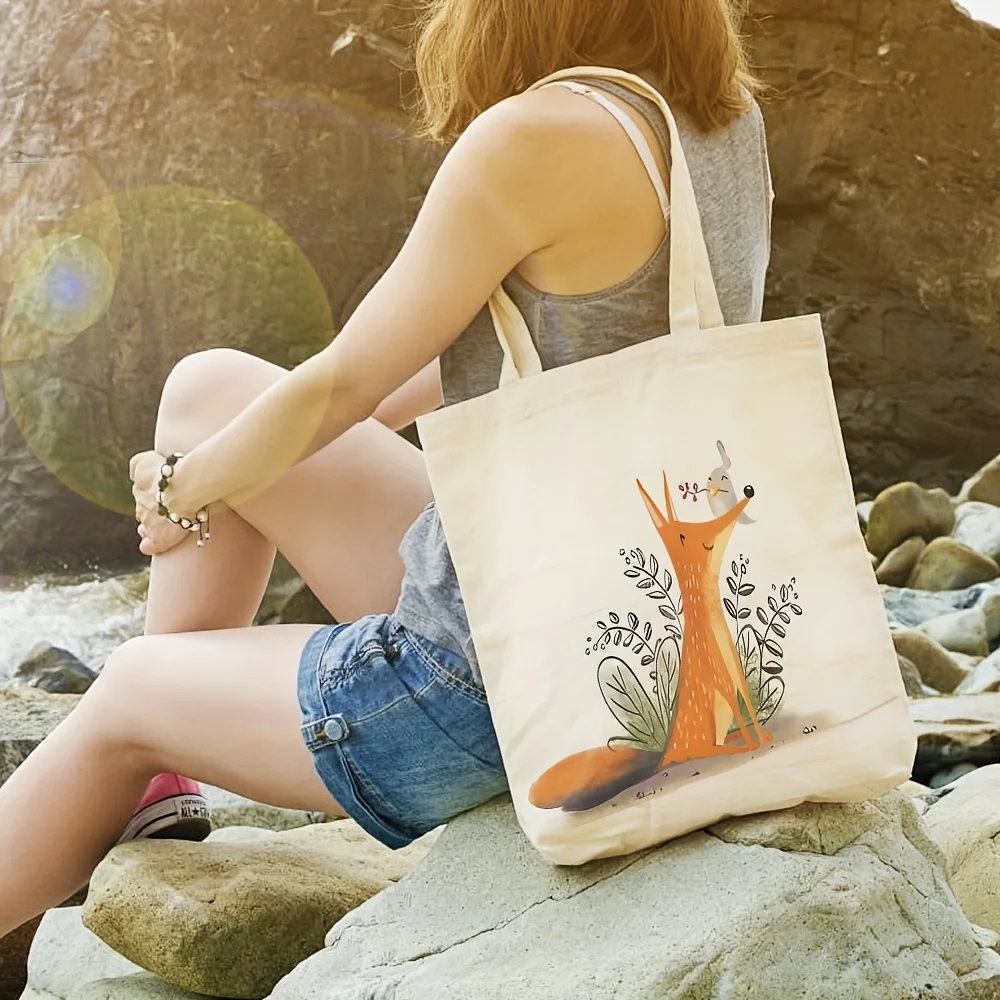 1pc Fox & Bird Illustration Canvas Tote Bag - Reusable Grocery Bag 35.05cm x 40.13cm, Durable Polyester Canvas Leak-Proof Casual
