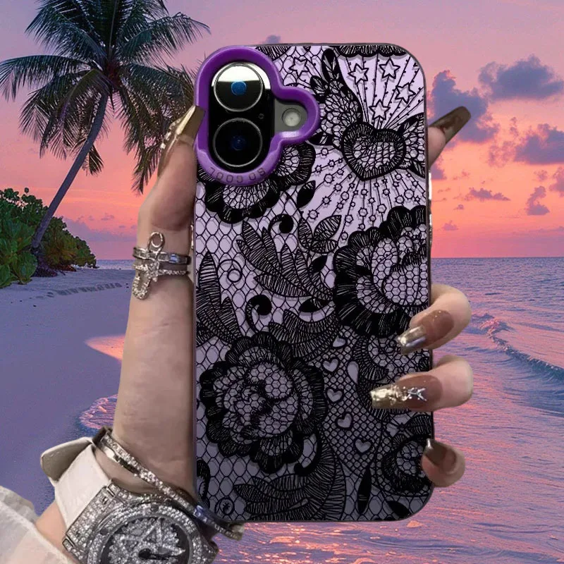 

French Dark Lace Flower Frosted Case for Samsung Galaxy A37 A36 A35 A34 A32 A26 A25 A24 A23 A22 5G 4G A17 A16 A15 Acrylic Cover