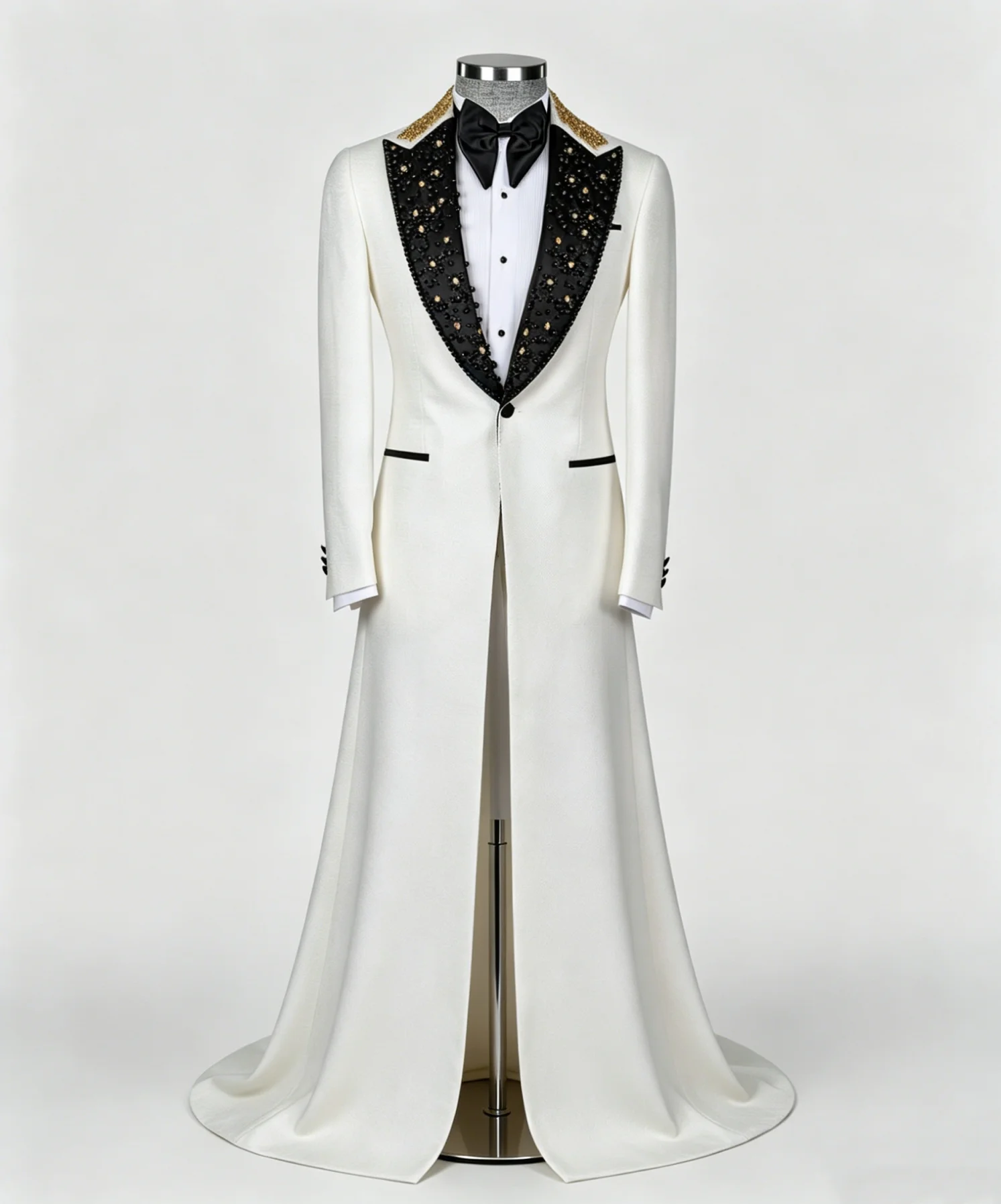 Designer Long Tail Tuxedo Men Wedding Suit Beaded Shawl Lapel White Formal Wear Custom Made M264226