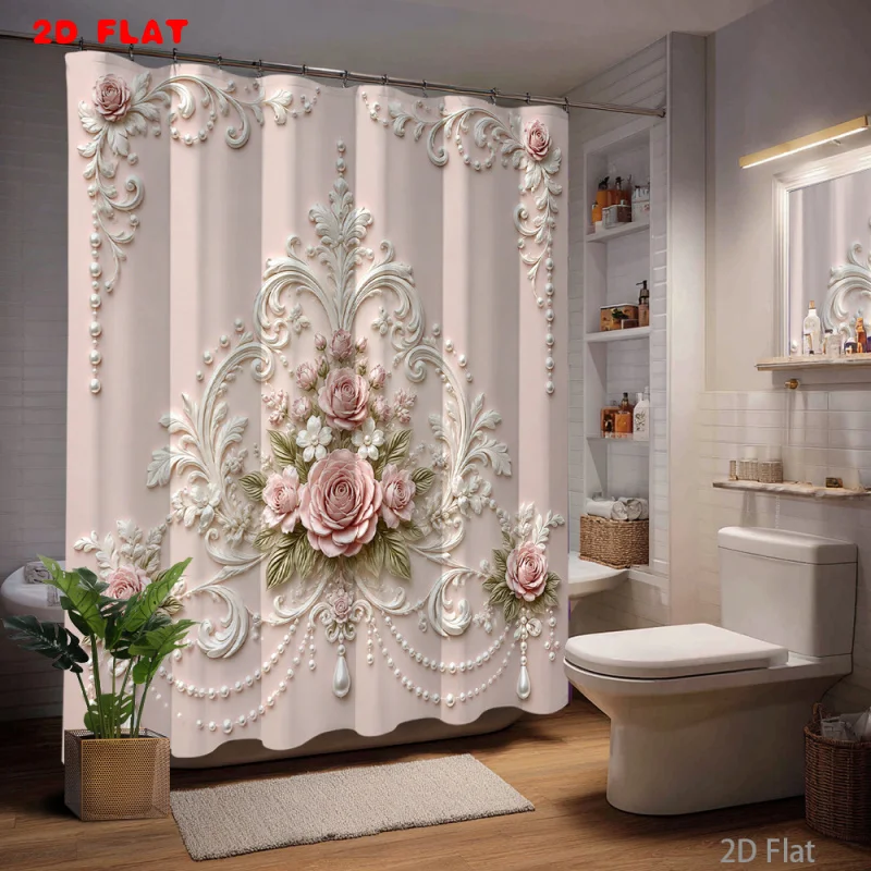 Elegant Floral Embroidered Shower Curtain Bathroom Decor Luxury Rose Pattern Waterproof Curtain