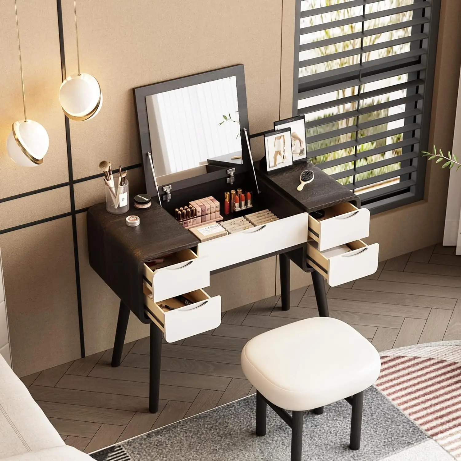

Stylish Makeup Vanity with Stool Makeup Table, Reversible Makeup Mirror, Hidden Storage Compartment