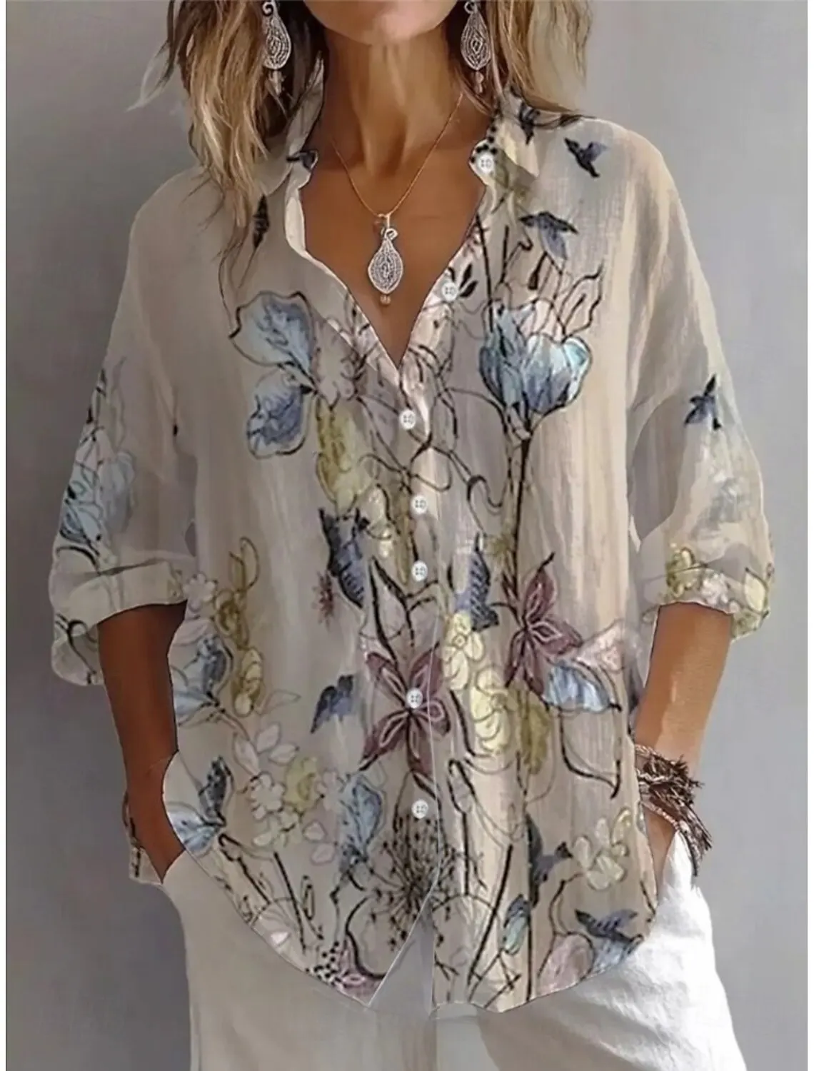 Summer Women's Shirt Flower Active Stylish Blouse Lapel Neck Blouse Women's Long Sleeve Shirts Womens Clothing Female Clothes