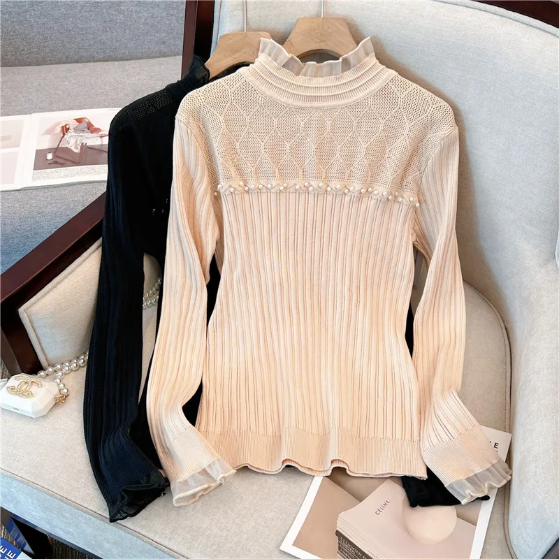 

Hollow Knit Sweater Knitwear Women 2023 Autumn Long Sleeve Turtleneck Tops Pullover Solid Loose Elegant Chic Ladies Jumpers