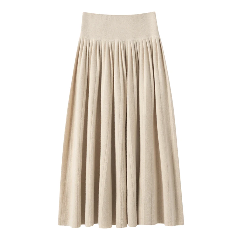 Autumn Winter Thick 100% Premium Cashmere High Waist A-line Midi Pleated Skirt WomenElegant Minimalist Slimming Knit Midi Skirt