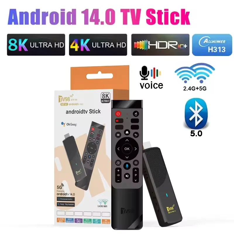 2025 TV98 ATV X9 TV Stick 1GB 8GB أندرويد 14.0 Allwinner H313 رباعي النواة واي فاي 5G BT5.0 صوت عن بعد مساعد ذكي HD 4K 8K iptv
