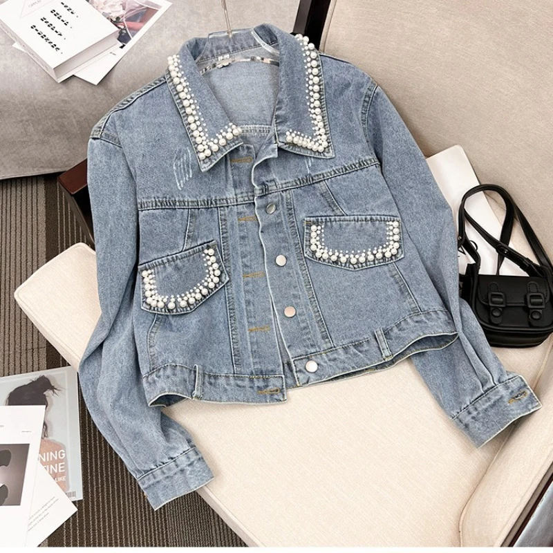 

Pearl Denim Coat Women Jeans Turn Down Collar Full Sleeve Jackets Casual Single Breasted Coats Elegant Beading Jacket Autumn