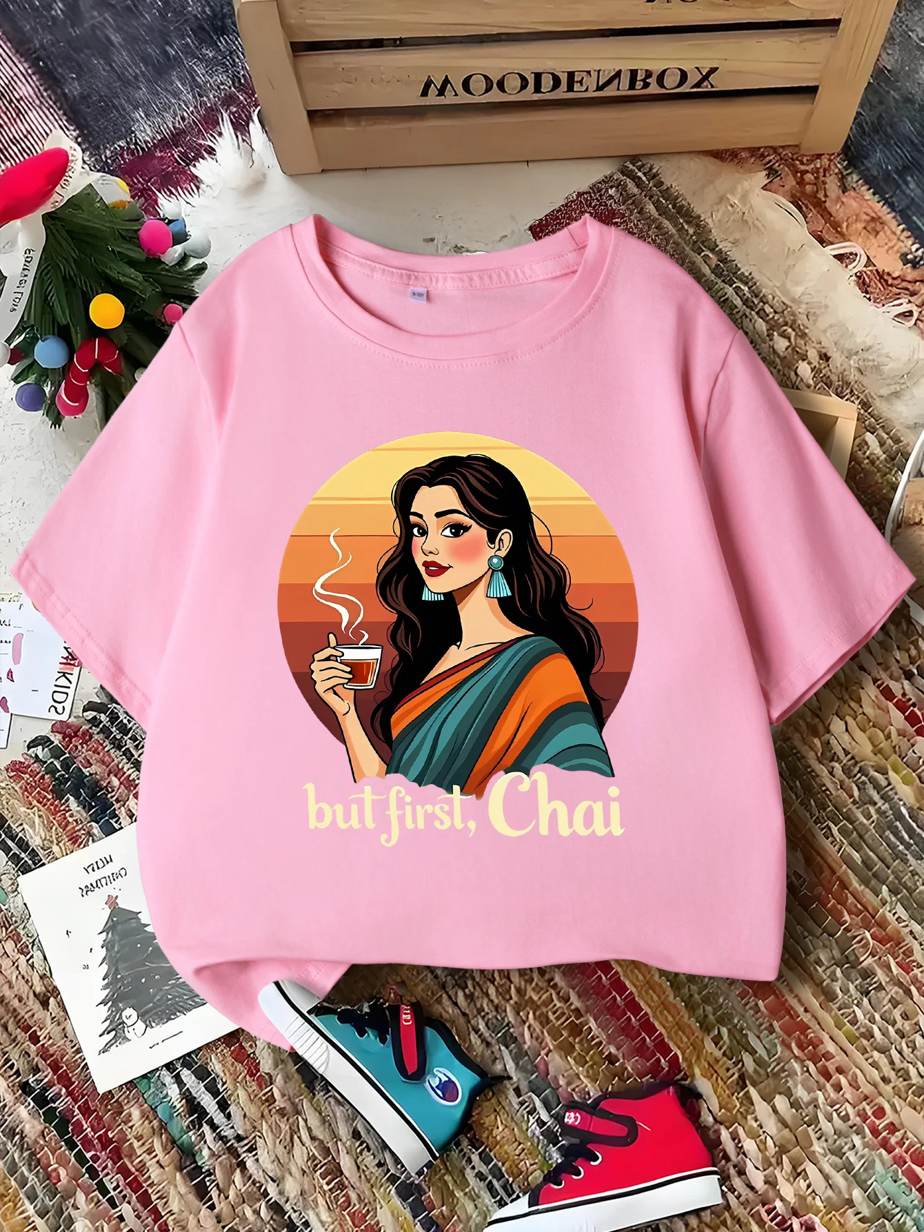 Cute But First Chai Saree Lady Print Graphic Kids Tee Boys Girls Family Matching Cotton Crew Neck Short Sleeve Soft Summer Tee